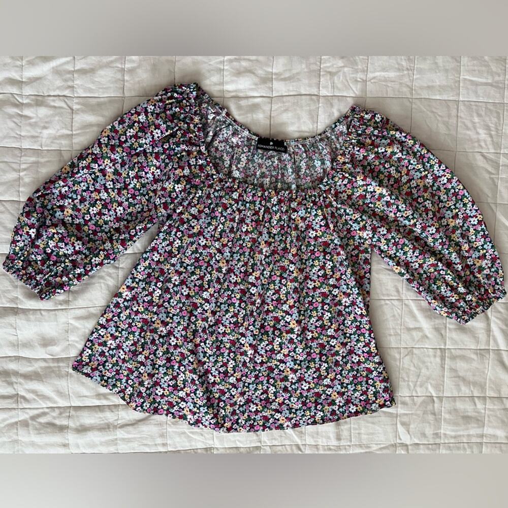 Pomander Place Ditsy Floral Square Neck Flowy Blouse Cottagecore Prairie -Small